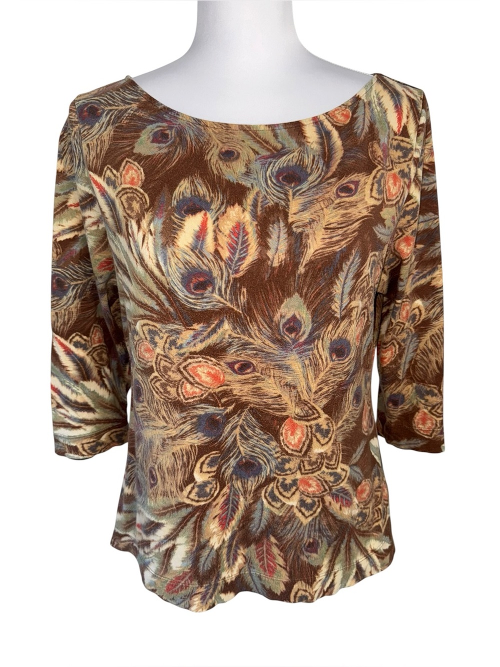 Lauren Ralph Lauren Peacock Feather Print Boat Neck Top Women’s Large Abstract